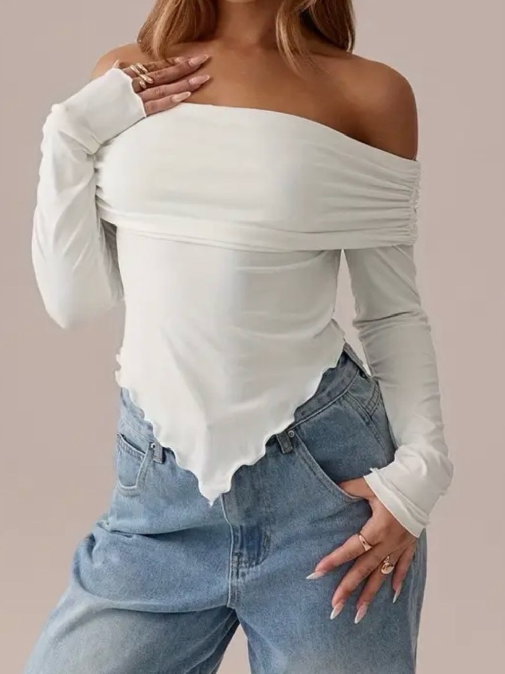 Source Unknown Off-Shoulder White Ruched Long-Sleeve Top
